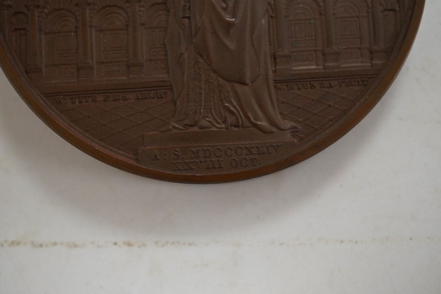 Victoria medals, Opening of the New Royal Exchange, 1844, a copper medal by W. Wyon, bust of Thomas Gresham left, rev. statue of Victoria in front of elevation of the Exchange, 73mm, BHM 2185, spotting otherwise EF, in f